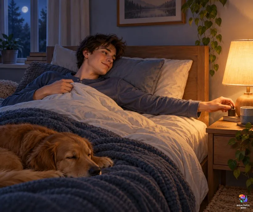 Give up and sleep method: a relaxed young man pulling up his duvet and switching off the lamp to let go and sleep