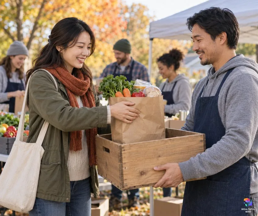 Letting money flow: a young woman giving groceries at a community food drive as part of manifesting money