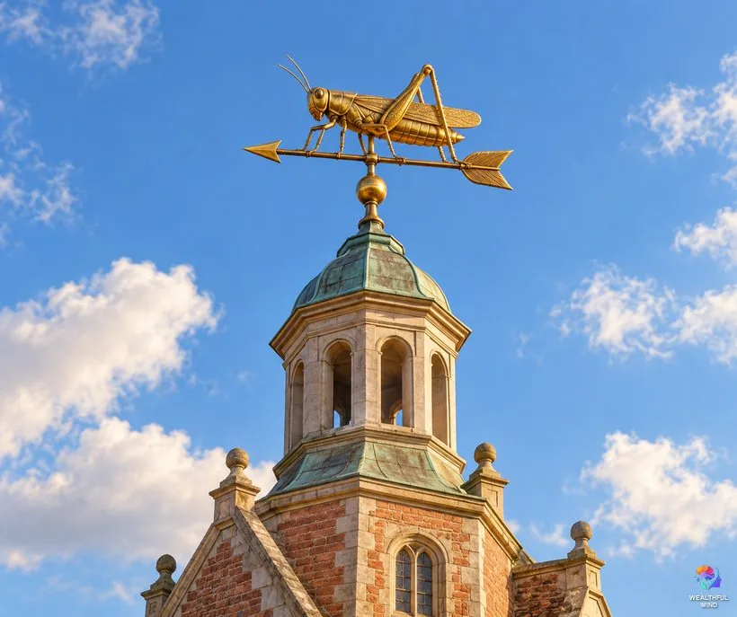 Grasshopper luck and money: a gilded grasshopper weathervane shining on an old trading hall tower against blue sky