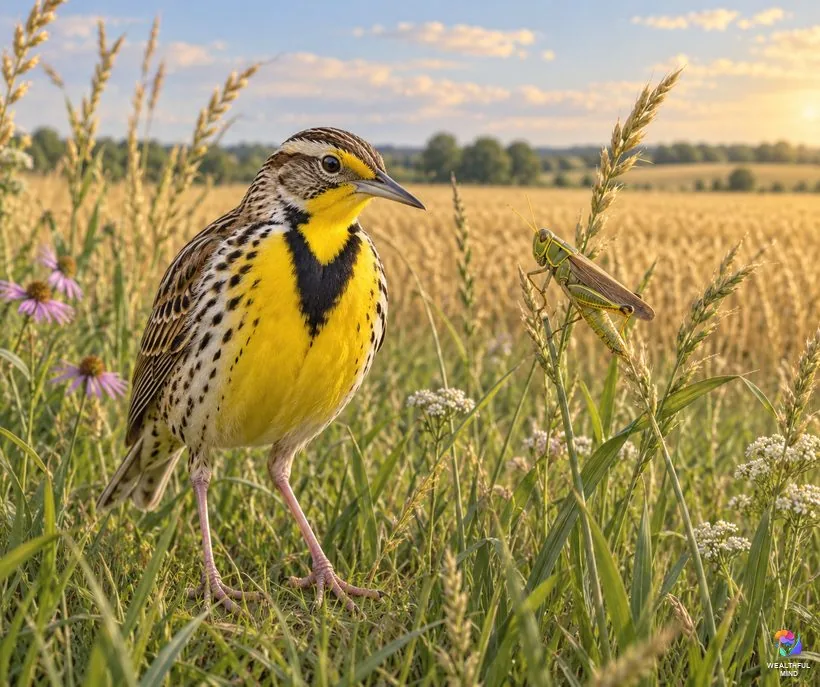 Grasshopper spiritual meaning in old stories: a meadowlark and a green grasshopper side by side in tall prairie grass