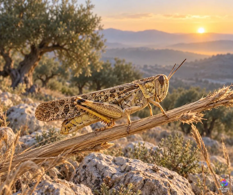 Grasshopper in the Bible: a single sandy brown locust on a dry stalk on a rocky hillside with olive trees at sunrise
