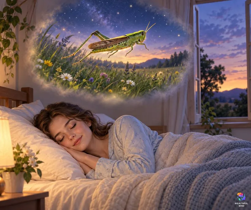 Grasshopper in a dream: a young woman sleeping peacefully as a glowing green grasshopper leaps across a dreamy night sky