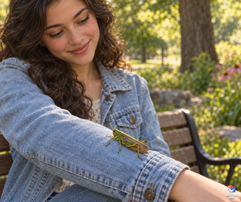 Grasshopper landing on you: a green grasshopper resting on a young woman's denim sleeve as she smiles on a park bench