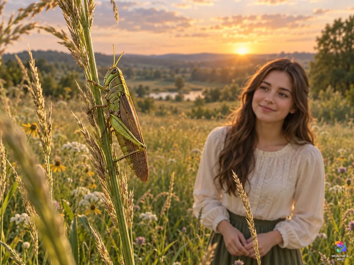 Grasshopper spiritual meaning: a green grasshopper on a grass stem in a golden meadow with a young woman watching