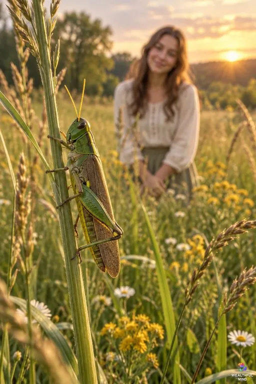 Grasshopper spiritual meaning: a green grasshopper on a tall grass stem at golden hour as a young woman watches calmly