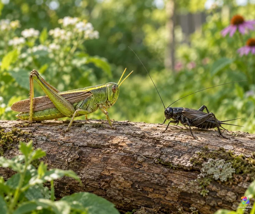 Grasshopper or cricket: a green grasshopper with short antennae beside a black cricket with long thin antennae on a log
