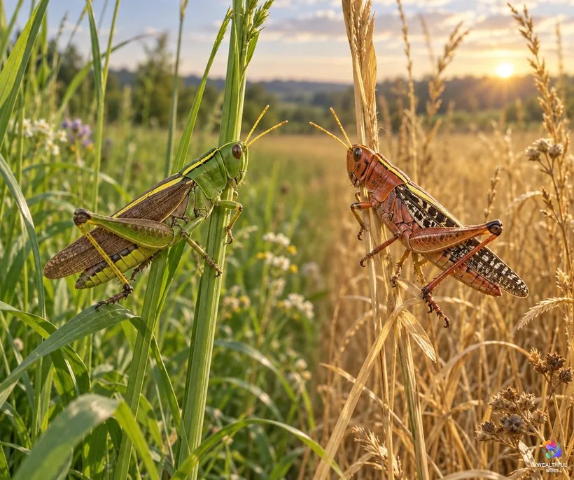 Green and brown grasshopper meaning: a green grasshopper on lush grass beside a brown one on dry golden grass