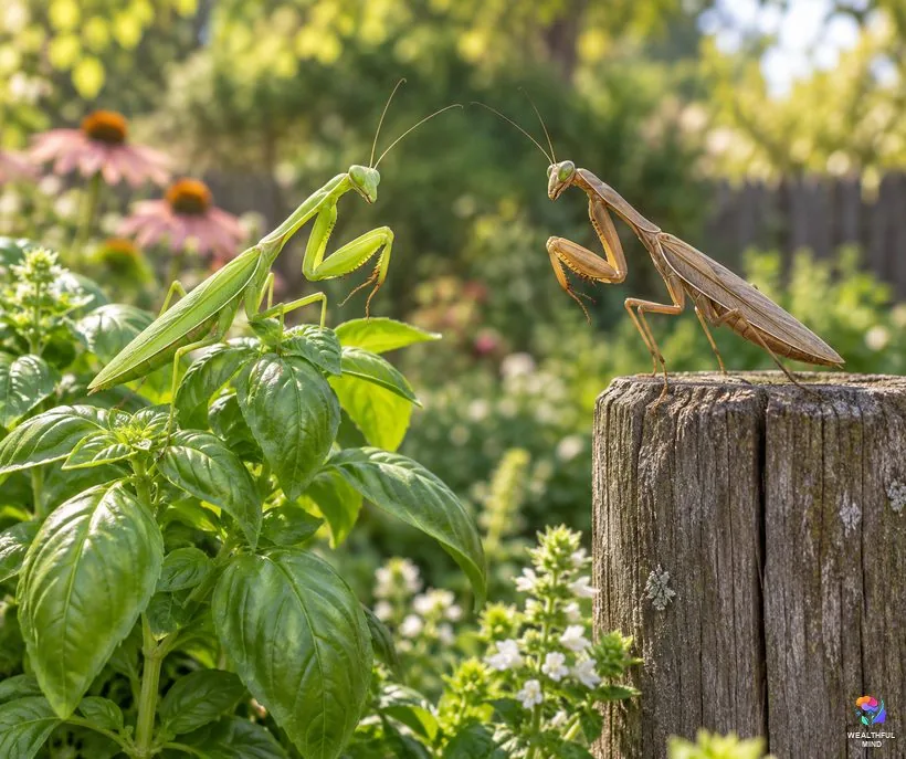 Green praying mantis vs brown praying mantis: a green mantis on basil beside a tan mantis on a wooden fence post
