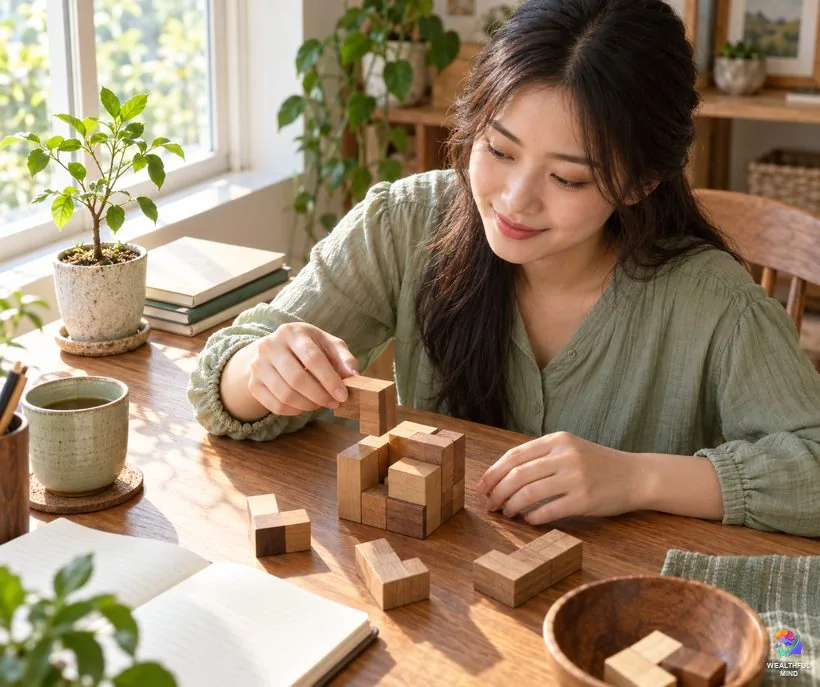 Winning mindset and growth mindset: a young woman calmly working through a block puzzle beside a growing sapling