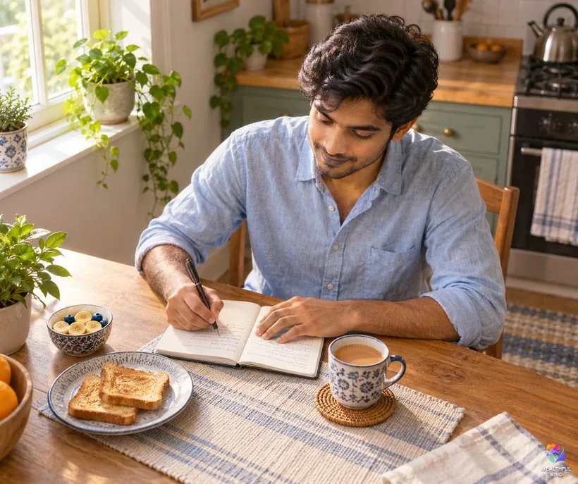 Habits to be more mature: a young man writing his plan for the day in a notebook over morning chai