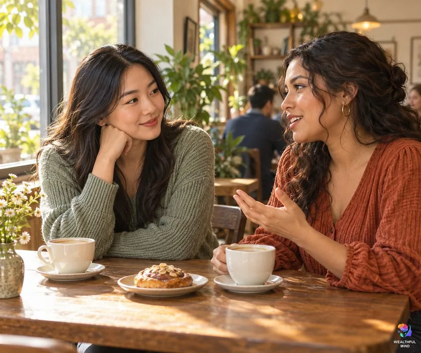 Habits to stop being selfish: a young woman listening closely to her friend over coffee
