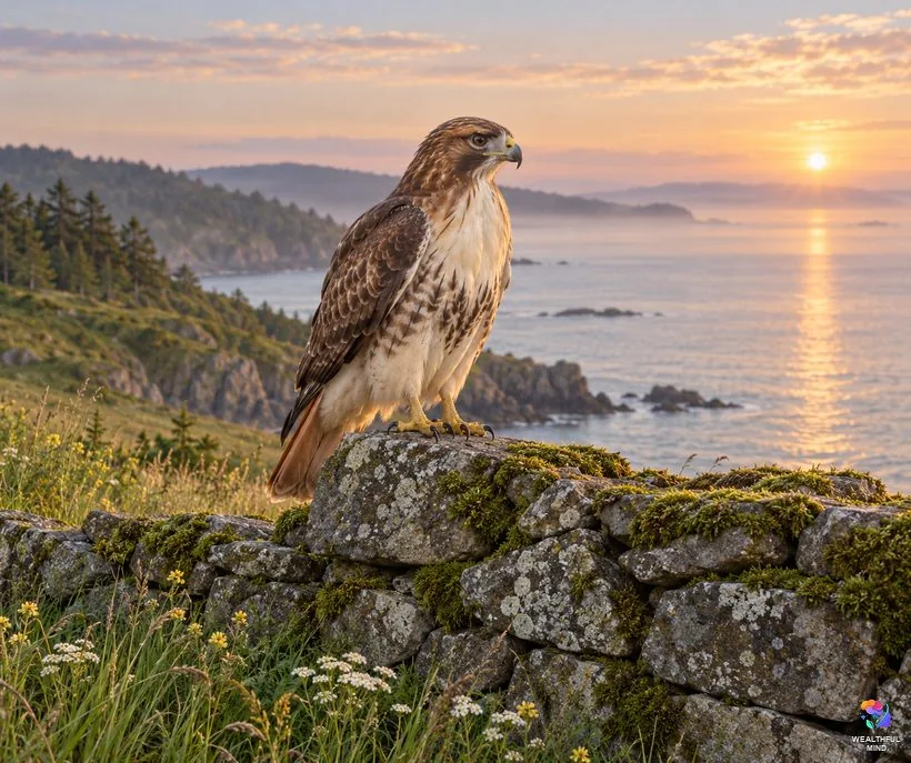 Hawk in the Bible and mythology: a red-tailed hawk on an old stone wall above a calm sea at dawn