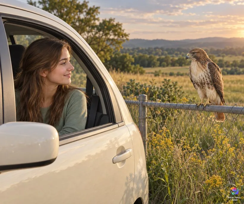Hawk near the car meaning: a young woman in a parked car watching a red-tailed hawk on a roadside fence