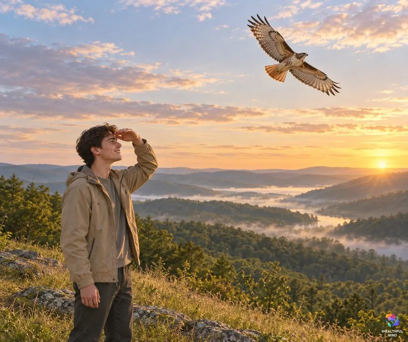 Hawk spirit animal meaning: a young man on a hilltop at sunrise watching a red-tailed hawk circle overhead