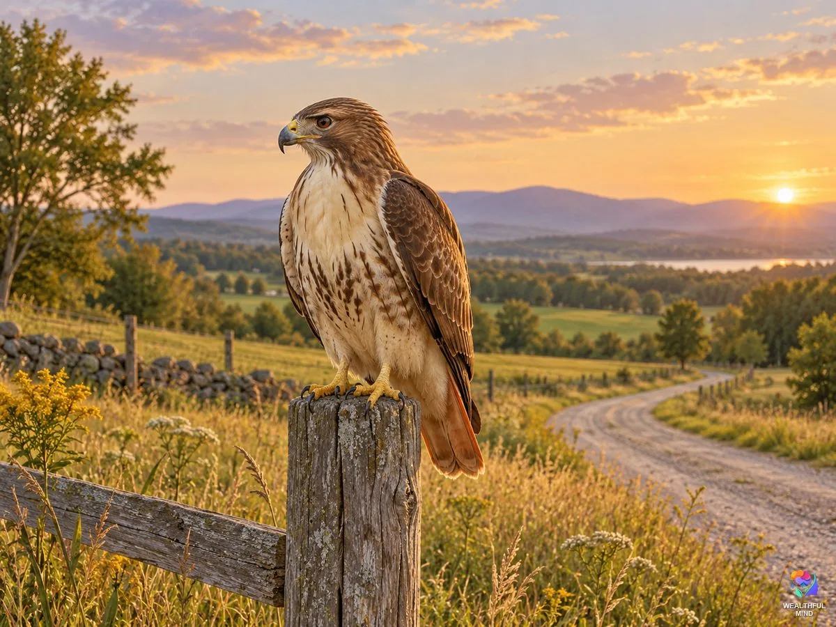 Seeing a hawk: a red-tailed hawk on a fence post beside a quiet country road in warm evening light