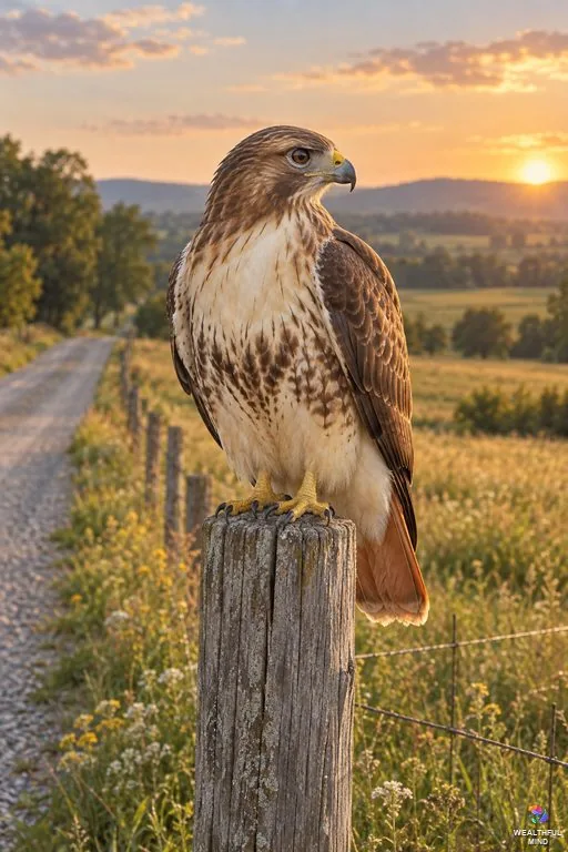 Hawk spiritual meaning: a red-tailed hawk perched on a fence post beside a country road at golden hour