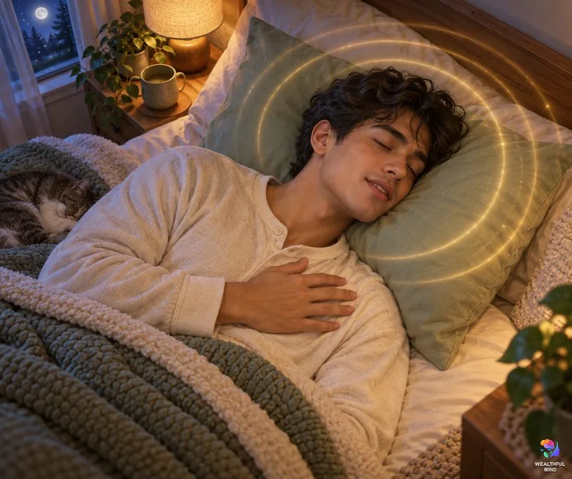Affirmations for the heartbeat method: a young man whispering affirmations in bed as a soft heartbeat glow pulses from his pillow