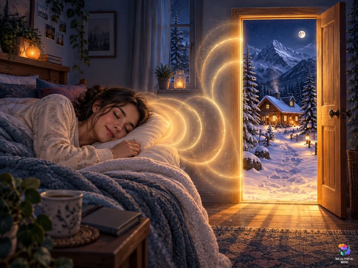 Heartbeat method shifting: a young woman asleep as a heartbeat glow from her pillow becomes a door to her desired reality
