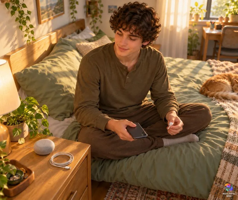 Setting up the heartbeat sound: a young man on his bed with his phone, one earbud and a small speaker before bedtime