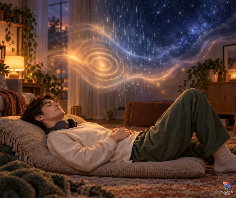 How shifters use the heartbeat today: a young man relaxing as a heartbeat blends with rain and a starry void in a guided meditation