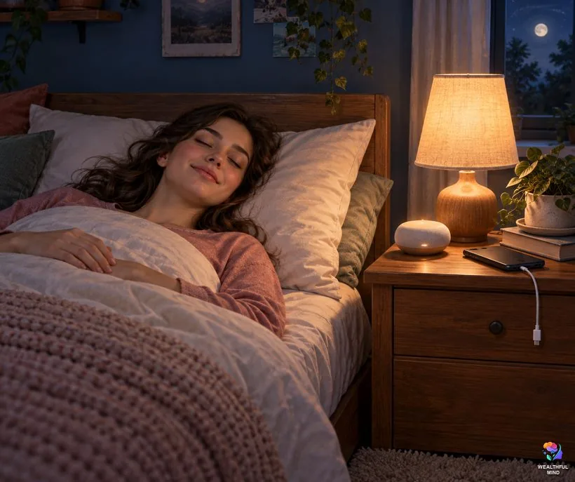 Phone under the pillow or a speaker: a young woman falling asleep to a heartbeat playing from a small bedside speaker