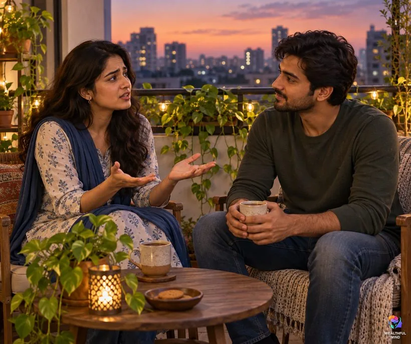 Helping someone who always feels like the victim: a young man listening calmly as his sister talks over tea