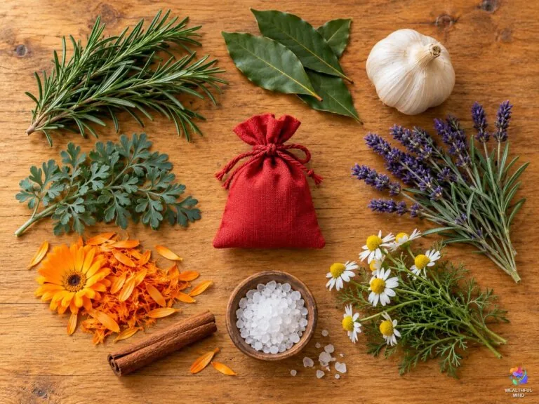Herbs for protection laid out on a table: rosemary, bay leaves, garlic, lavender, chamomile, calendula, rue, cinnamon and salt