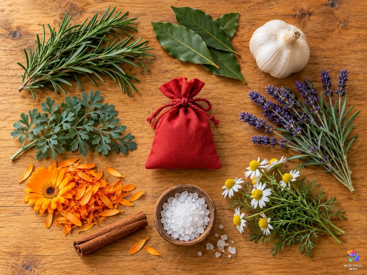 Herbs for protection laid out on a table: rosemary, bay leaves, garlic, lavender, chamomile, calendula, rue, cinnamon and salt
