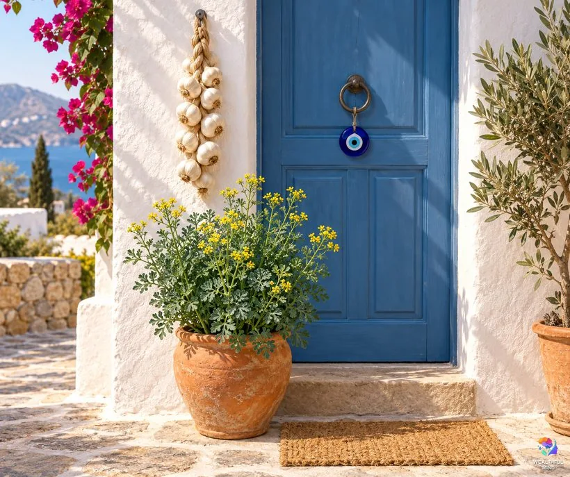 Herbs for protection from evil and the evil eye: rue in a pot and a garlic braid beside a blue doorway with a nazar bead