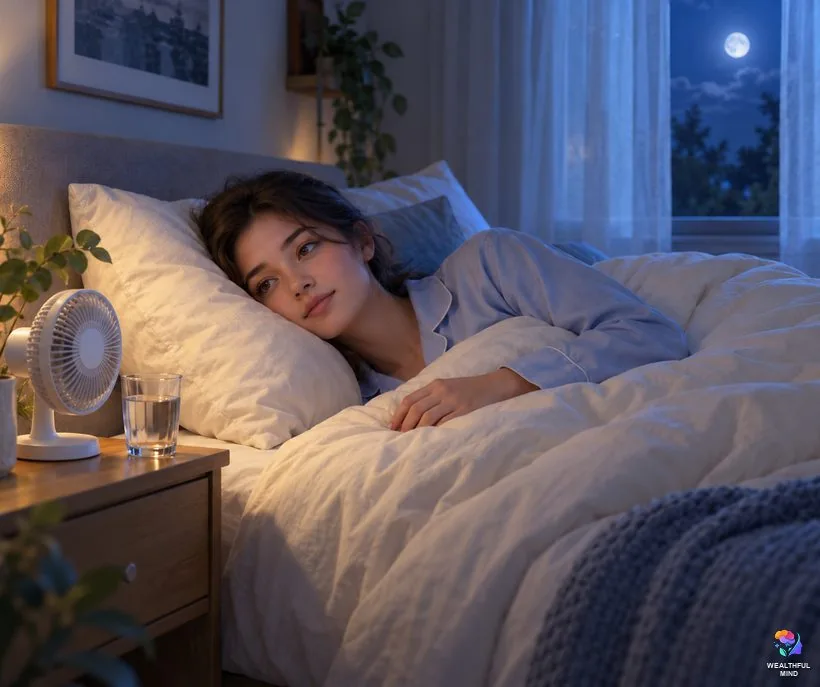 High-pitched ringing in ears at night: a young woman lying awake calmly in a moonlit bedroom with a small fan nearby
