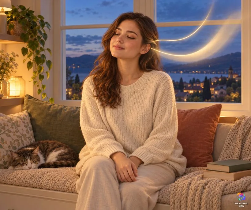 High-pitched or low ringing in the left ear: two soft ribbons of light beside a young woman listening by a window