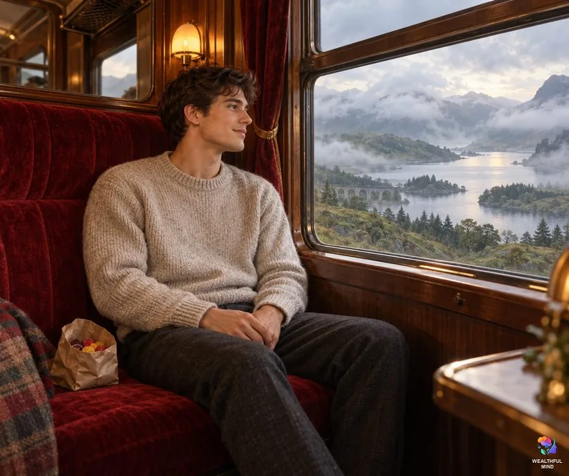 The Hogwarts Express train method for shifting: a young man in an old steam train compartment watching misty highlands go by