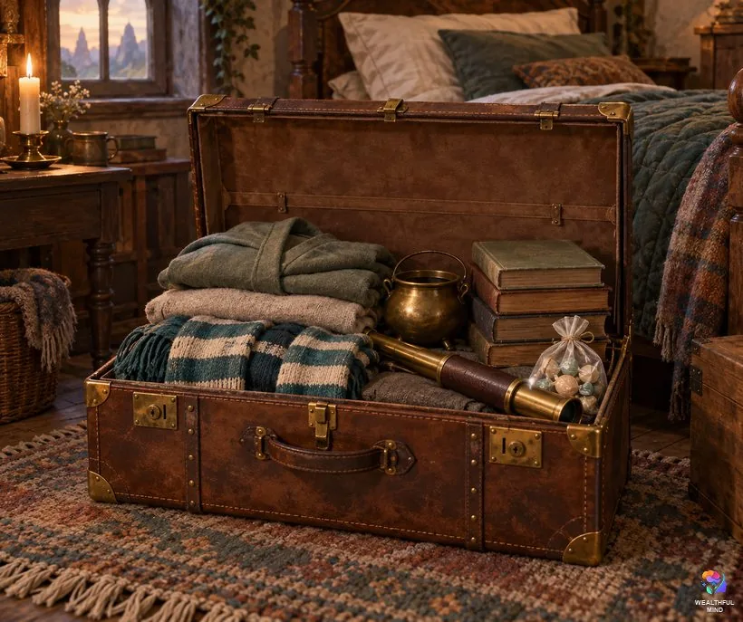 Hogwarts script ideas: an open school trunk packed with robes, a scarf, books, a small cauldron and a telescope