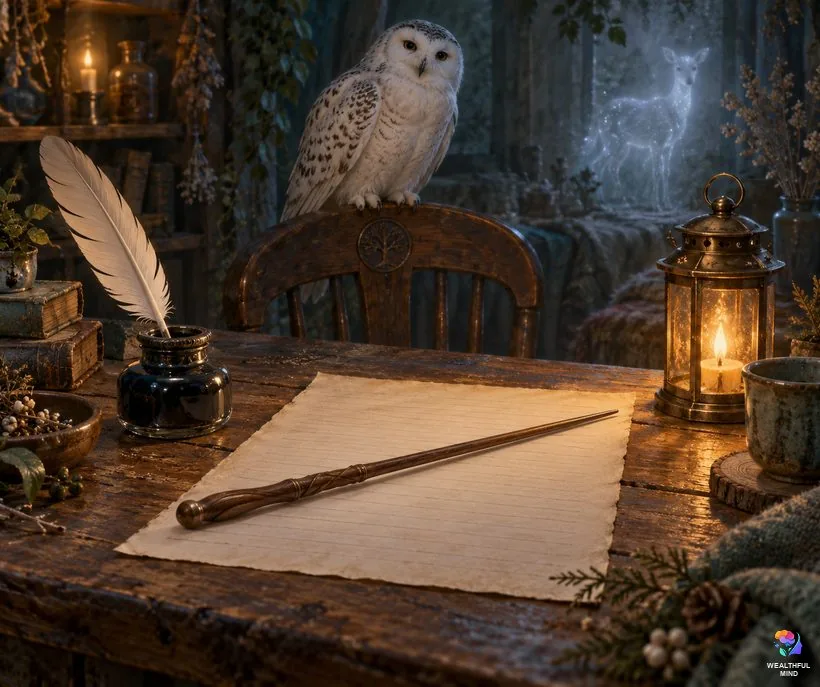 Hogwarts script wand, Patronus and pet: a carved wand on parchment with an owl nearby and a faint silver glow