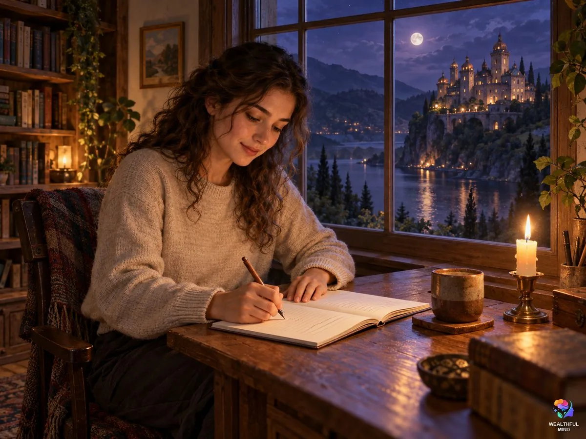 Hogwarts shifting script: a young woman writing her script by candlelight with a castle glowing through the window