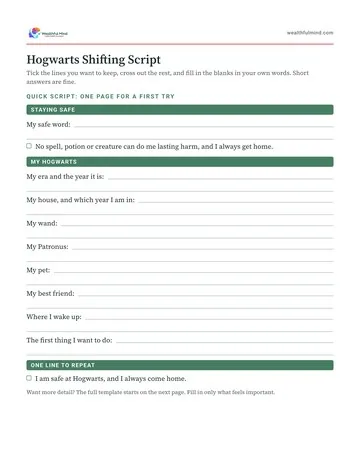 Free printable Hogwarts shifting script PDF, page one: the quick script with lines to fill in your era, house, wand and safe word