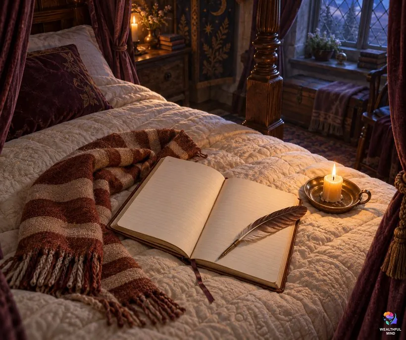 Hogwarts shifting script template: an open notebook and feather quill on a four-poster bed in a candlelit dormitory