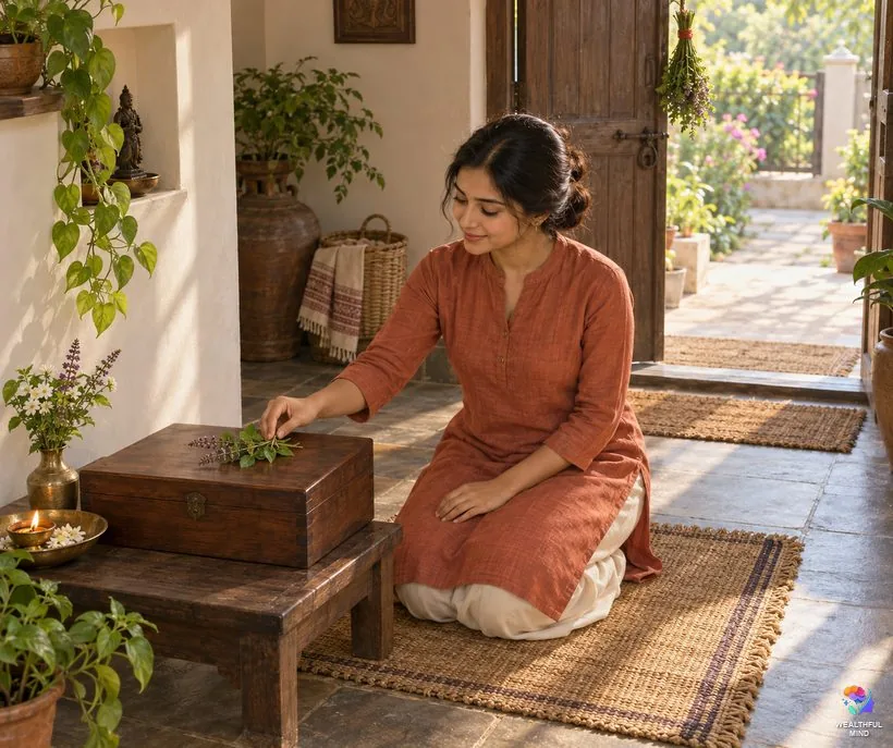 Holy basil for prosperity: a young woman placing a tulsi sprig on a small box by her front door, with basil hung above the doorway