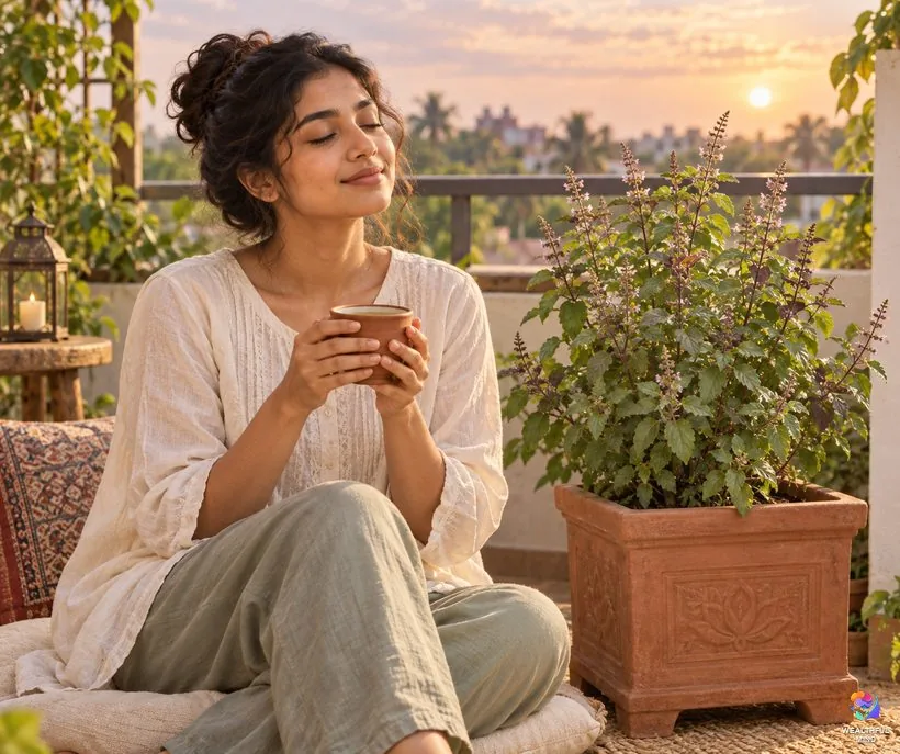Holy basil for stress: a young woman resting with a cup of tea beside a flowering tulsi plant in a raised clay pot