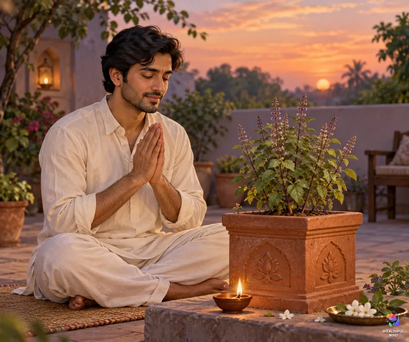 Holy basil and safe transitions: a young man praying beside a tulsi plant and a lit clay lamp at dusk for a departed loved one