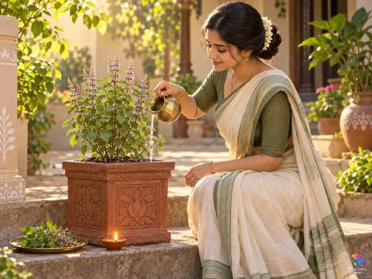Holy basil spiritual benefits: a young woman watering a tulsi plant in a clay planter beside a lit lamp in morning light