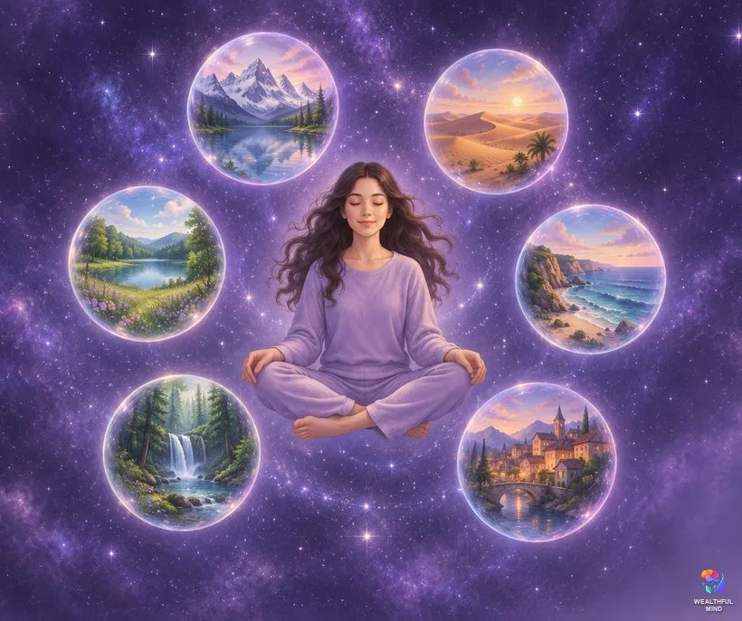 How reality shifting works: a meditating girl surrounded by glowing bubble worlds of the multiverse