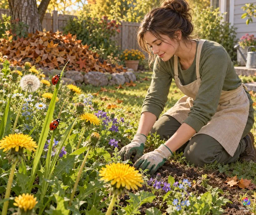 How to attract ladybugs: a young woman tending dandelions and wildflowers as red ladybugs climb the stems