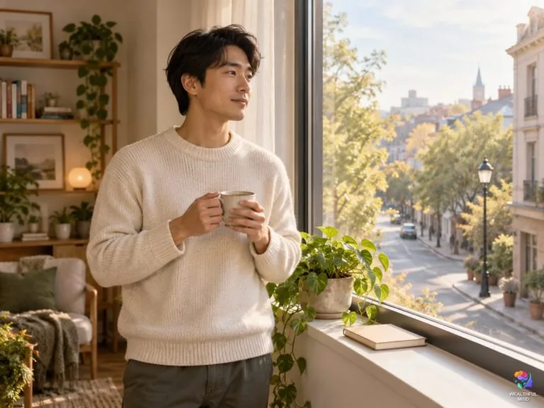 How to be more mature: a calm young man with a cup of tea reflecting by a sunny window