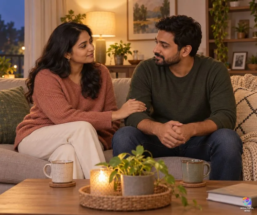 How to be more mature in a relationship: a couple talking calmly on the sofa after a disagreement