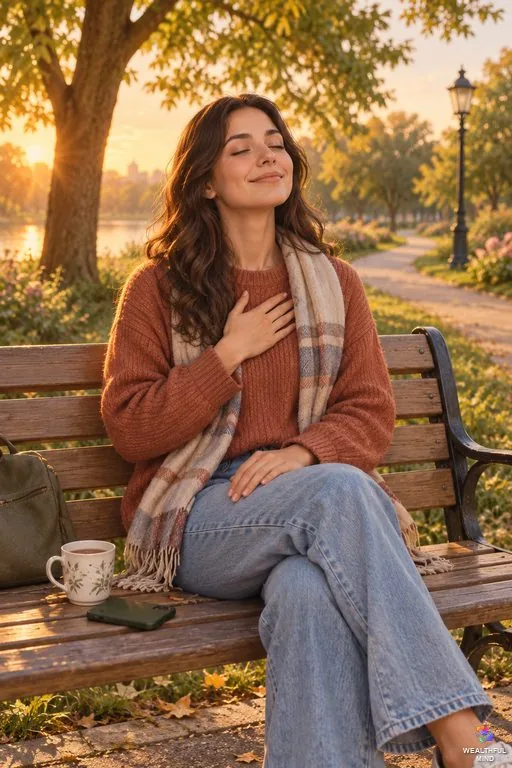 How to be more mature: a young woman pausing for a slow breath on a park bench, her phone face down beside her