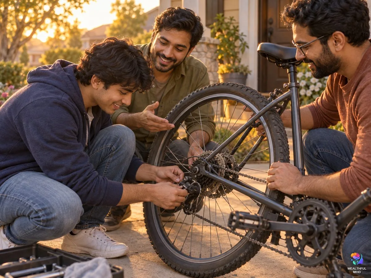 How to become a better man: a young man laughing as he teaches his younger brother to fix a bicycle