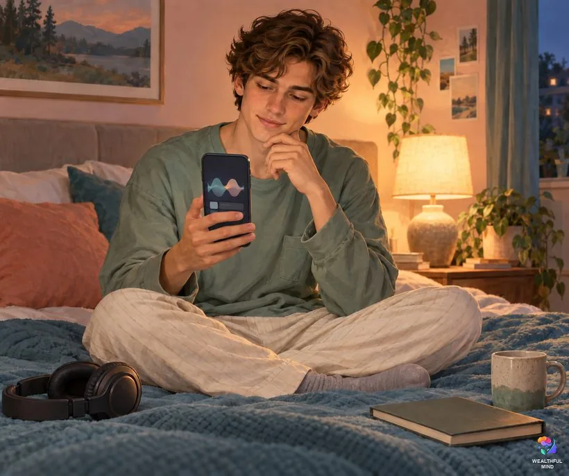 How to choose a safe shifting subliminal: a young man checking an audio track on his phone before listening