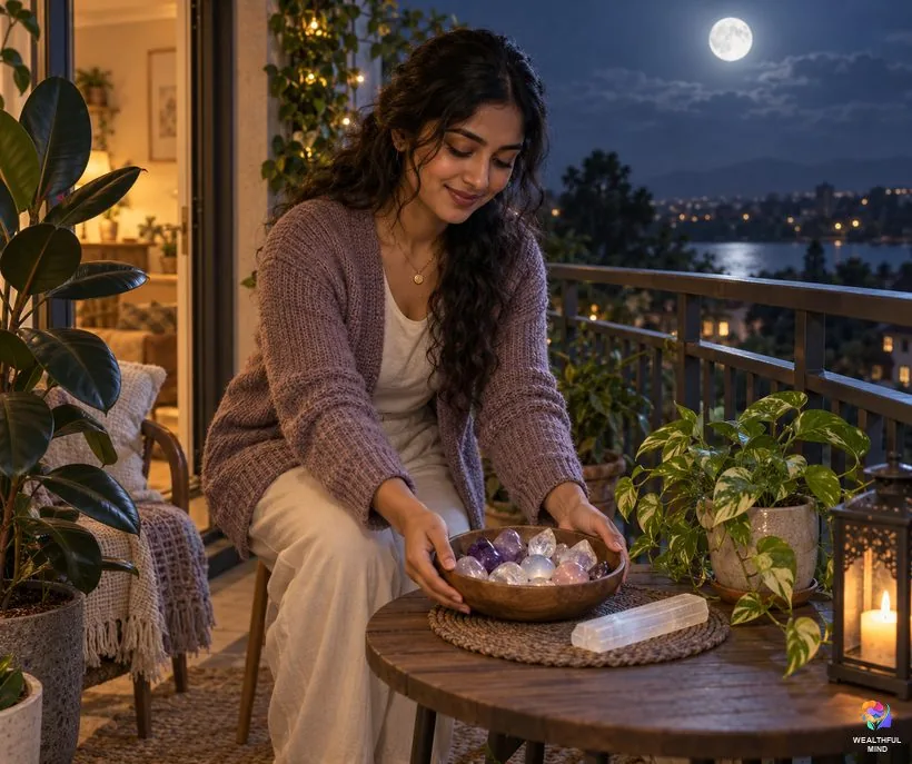 How to cleanse crystals for shifting: a young woman setting a bowl of crystals out under the full moon