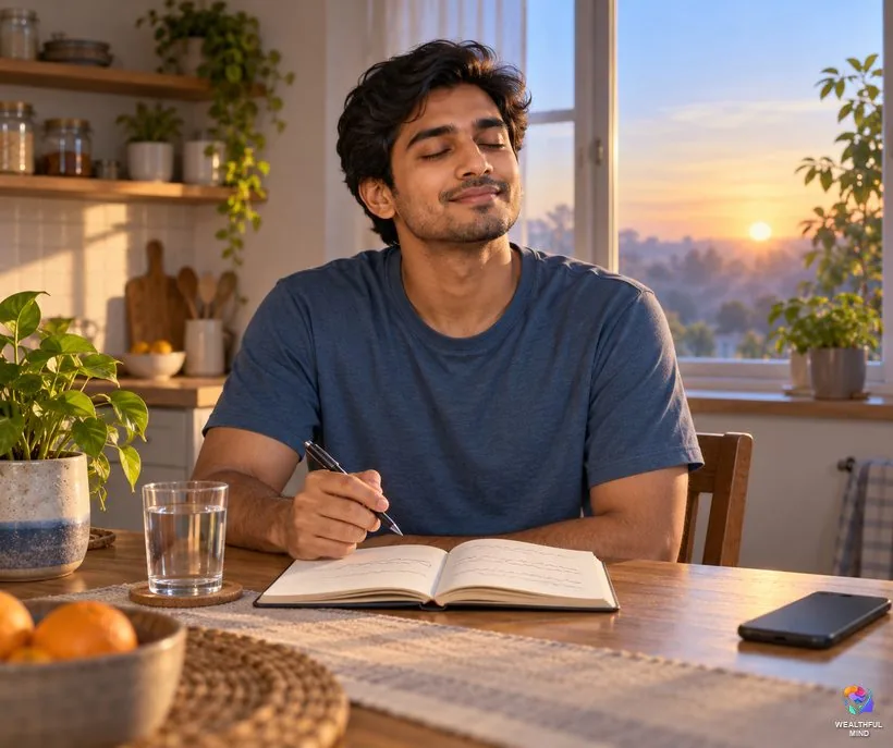 How to do the 1x11 manifestation method: a young man pausing to feel his wish while writing it in the morning